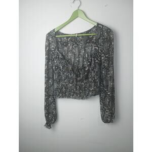 Free People Blue Paisley Sheer Flowy Smocked Cropped Blouse Top Women XS